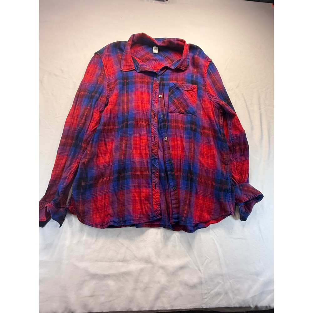 Gap Womens Red Blue Plaid Flannel Button Down Shirt Long Sleeve Pocket